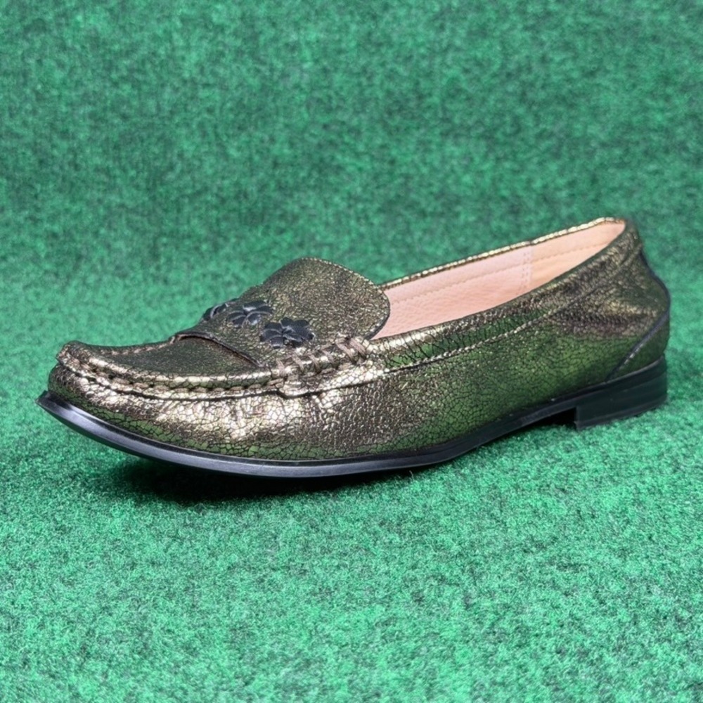 Jack Rogers Remy Loafer Metallic Gold Crackle Leather Rondelle Flower Womens 7B - Picture 1 of 9